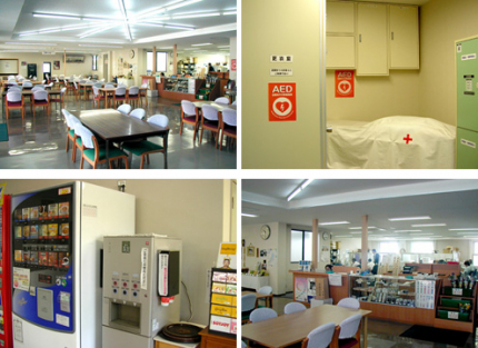 管理棟、売店スペース、休憩所の給湯器・自動販売機、AED設置コインロッカーなど充実した設備とサービス